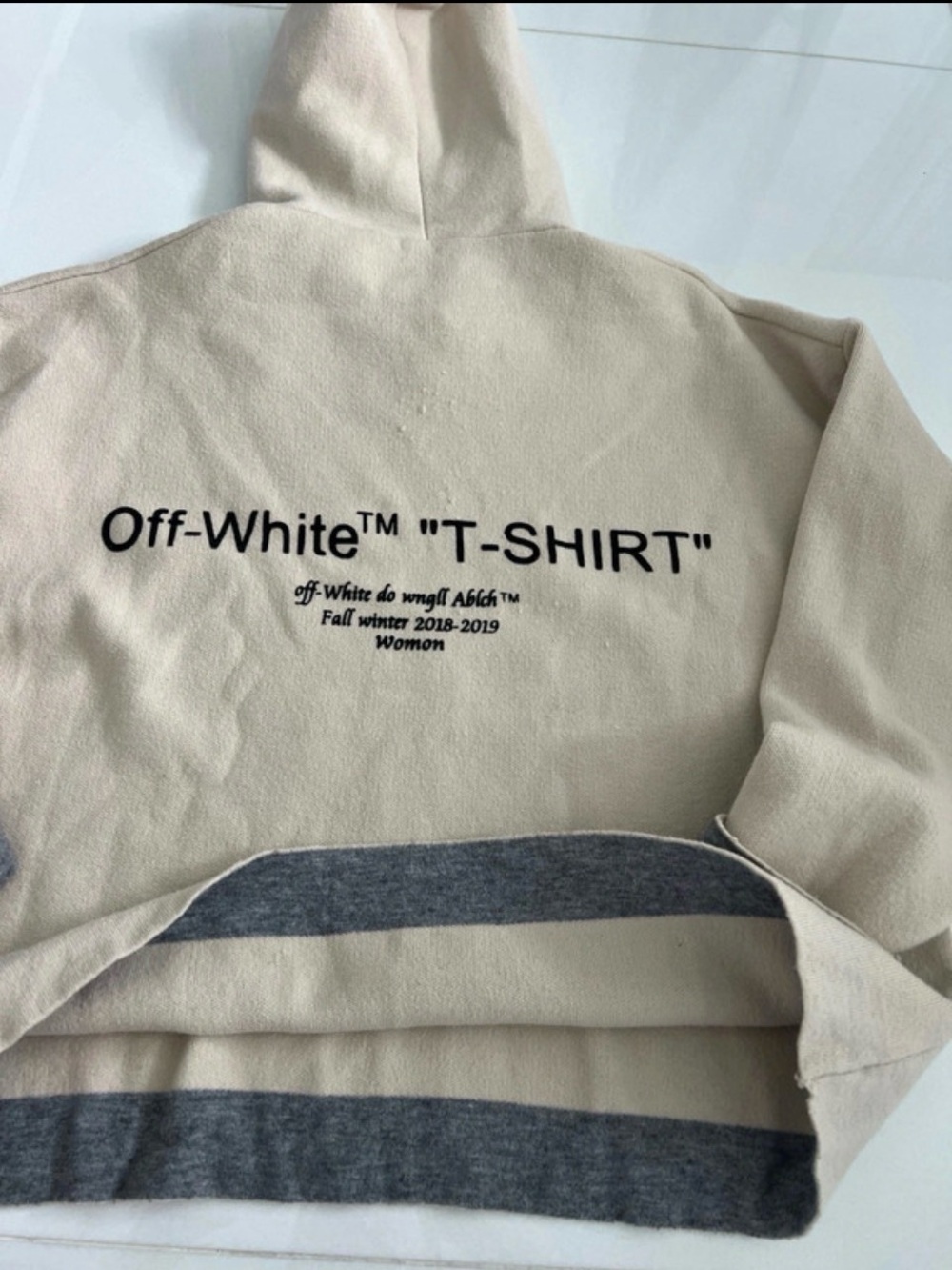 Off-White Beige Hoodie with Black Logo and Gray Striping